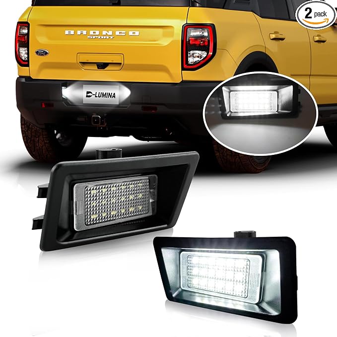 D-Lumina LED License Plate Light Tag Lamp Assembly for 2021 2022 2023 2024 Fo-rd Bronco Sport, Powered by 18-SMD 6000K White LED Tag Lights, Pack of 2