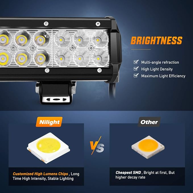 Nilight 12 Inch 72W Led Light Bar Spot Flood Combo 2PCS 4 Inch 18W Led Pods Boat Lights Driving Fog Lights Work Light for Trucks Off Road w/Rocker Switch Wiring Harness- 3 Leads, 2 Years Warranty
