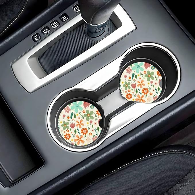 Flower Floral Car Cup Holder Coaster 2 Pack Absorbent Ceramic Car Coasters for Cup Holders Car Accessories Interior for Women Men Universal Anti Slip Cork Base Cup Coasters with Finger Notch
