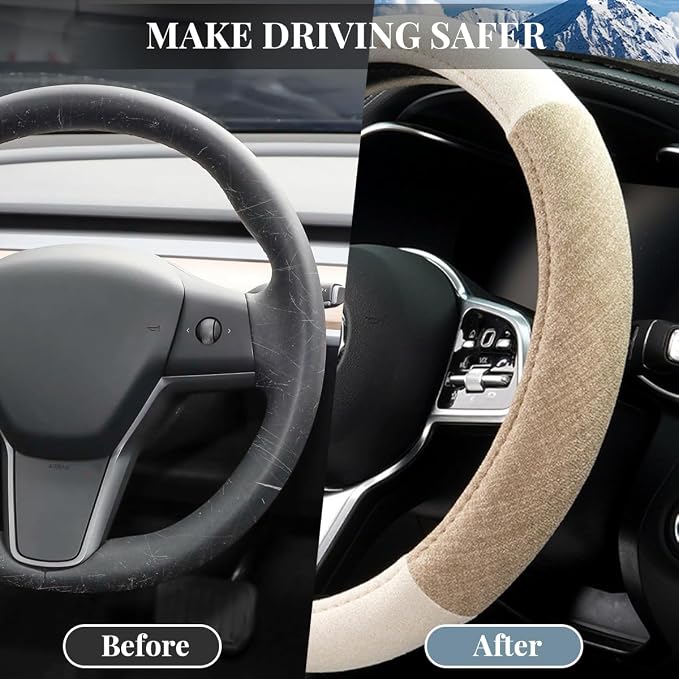 Car Steering Wheel Cover, Breathable Comfort Grip Vehicle Steering Wheel Wrap with Inner Ring, Automotive Interior Protective Accessories, Universal Fit (Beige)