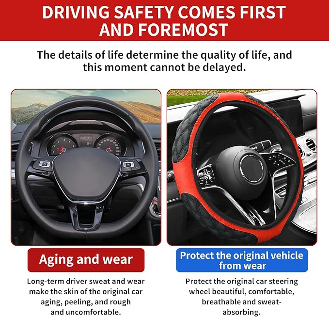 15 Inch Leather Steering Wheel Cover, Automotive Accessories Breathable Anti-Slip Elastic Soft Wheel Protector, Fit for Most SUVs Trucks and RVs (Black/Red)