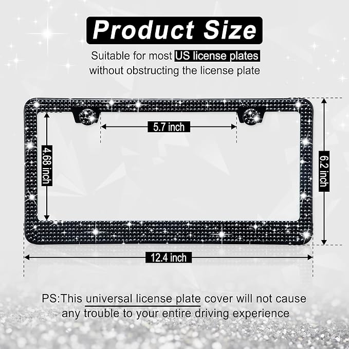 Amiss Bling License Plate Frame for Women, 2Pack Rhinestone Handcrafted Crystal Premium Stainless Steel, Stainless Steel Car Accessories with Diamond Sparkle Glitter Caps (Black)