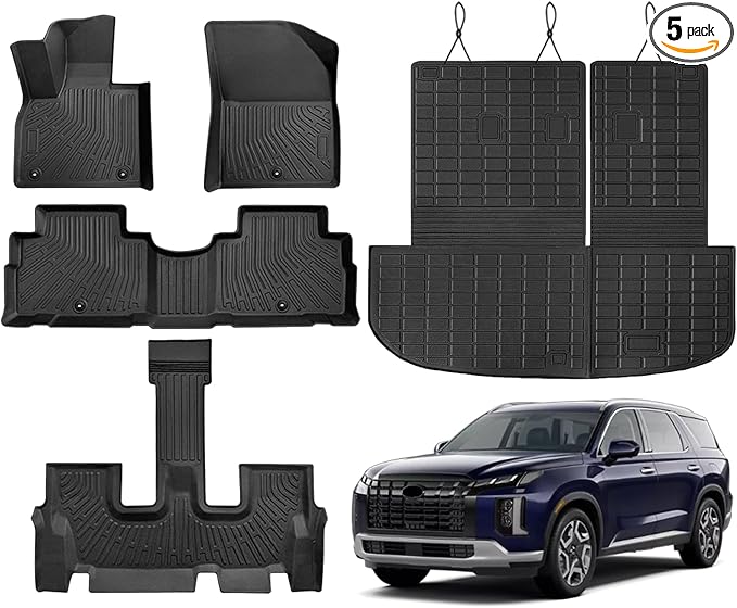 KUST Floor Mats for 2020-2025 Hyundai Palisade Accessories (7 Seater), All Weather Floor Liners & Rear Trunk Liner with Backrest Mat Car Mats TPE Rubber Raised Edge