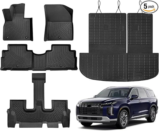 KUST Floor Mats for 2020-2025 Hyundai Palisade Accessories (7 Seater), All Weather Floor Liners & Rear Trunk Liner with Backrest Mat Car Mats TPE Rubber Raised Edge