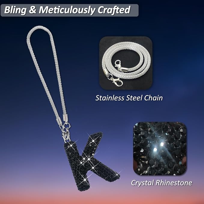 Letter K Bling Black Car Accessories Interior for Women, Interior Charm Rear View Mirror Cute Crystal Pendant Car Decorations for Men, Lucky Gifts Diamond Rhinestone