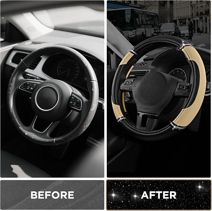 Road Comforts Leather Steering Wheel Cover - Made with PVC Leather - Anti-Slip, Universal Fit 14 1/2 inches to 15 inches - Beige
