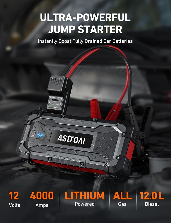 AstroAI S8 Ultra Car Jump Starter, 4000A Safe 12V Battery Booster Pack (All Gas/12L Diesel), Portable Jump Box with Smart Jumper Cables, Type-C/USB, Flashlight, Rugged Protection & Storage Bag, Red