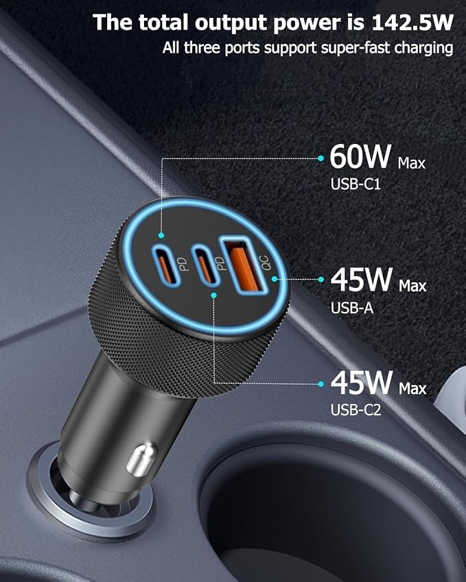 142.5W Car Charger Super Fast Charging Cigarette Lighter USB Phone Accessories Charger Adapter with QC USB c Type c PD Universal Quick Charge Multi 3 Port for 12-24v Car Cigarette Lighter Plug