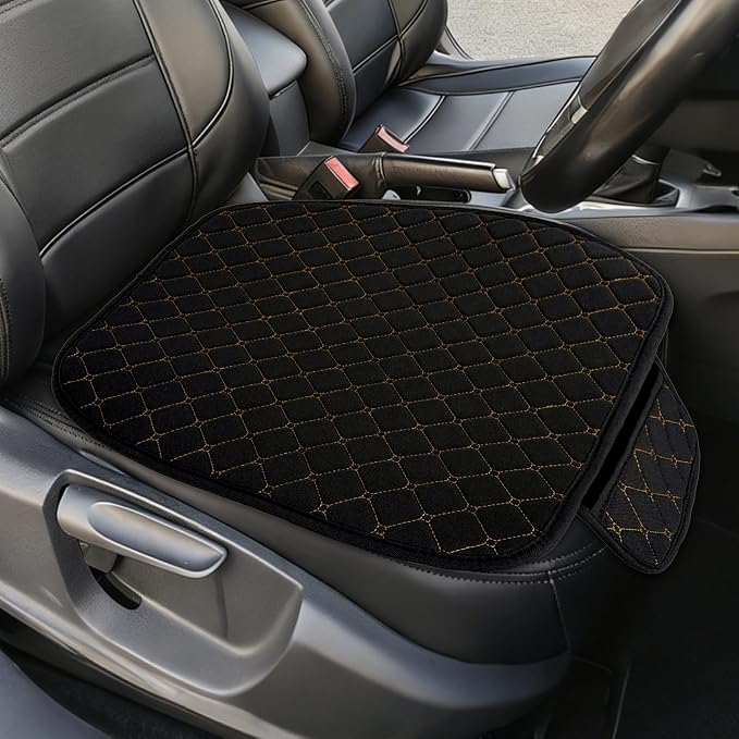 Leather Front Car Seat Cover, Anti-Slip Car Seat Bottom Covers, Full Wrapped Bottom Seat Protectors with Storage Pocket, Universal Comfortable Seat Cushion Fit Vehicles SUVs Trucks (K2-Black Gold)
