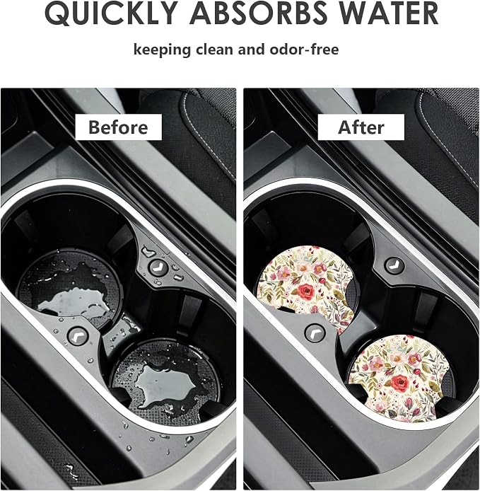 2 Pack Car Coasters，2.75-inch Neoprene Non-Slip Cup Holder Coasters for Car，Cute Car Interior Accessories for Men and Women，Retro Flower