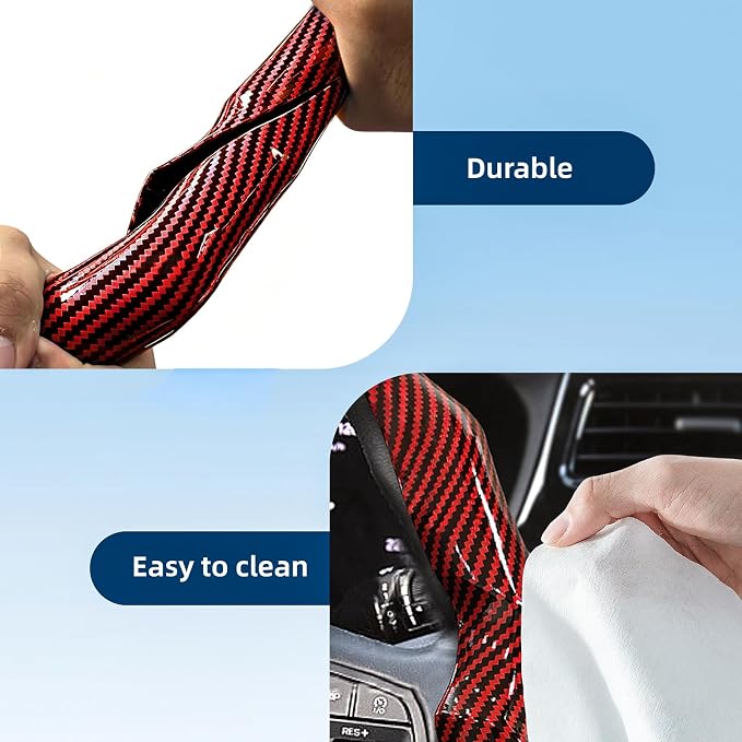 Carbon Fiber Steering Wheel Cover 2PCS Segmented Clip-on Protector (Red) | Universal Fit, Anti-Slip Lining, Sporty Style, Car Interior Accessory for Men and Women