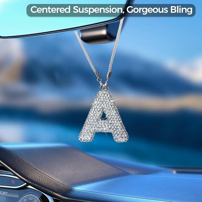 Bling Car Letter Charm, Rear View Mirror Ornament Cute Hanging Crystal Pendant Bling Car Accessories, Lucky Diamond Rhinestone Women Charm Auto Decoration (White A)