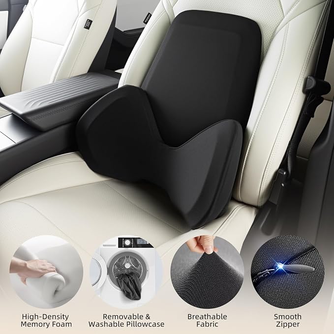 BEBAS Ergonomic Lumbar Support Pillow for Car, Memory Foam Back Support for Lower Back Pain Relief, Detachable Lumbar Cushion for Driving, Extended Lumbar Pillow for Car Seat, Office Chair -Black