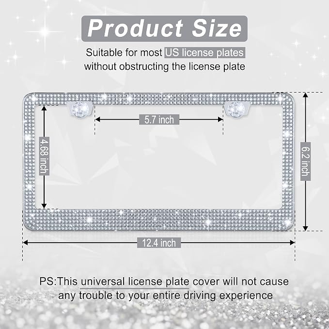 Amiss Bling License Plate Frame for Women, 1Pack Rhinestone Handcrafted Crystal Premium Stainless Steel, Stainless Steel Car Accessories with Diamond Sparkle Glitter Caps (White)