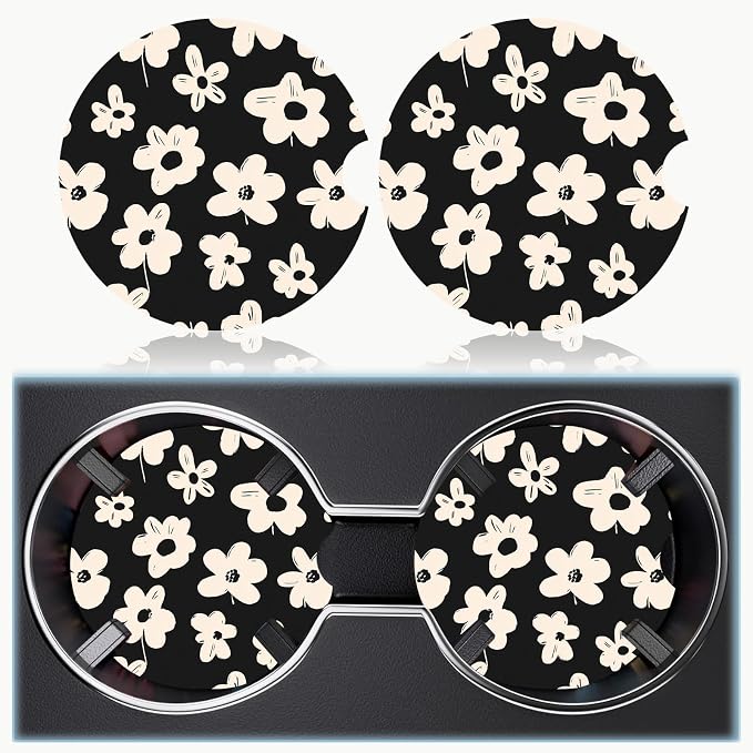 Car Cup Holder Coaster Set of 2, 2.56 in Ceramic Coasters, Scratch-Resistant Cork Backing, Finger Groove Design for Easy Placement, Cute Car Accessories Interior for Women (White Flowers)