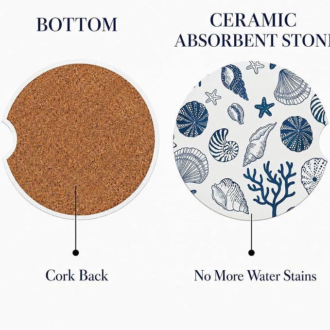 2Pack Car Cup Holder Coasters Absorbent Ceramic Coaster 2.56" for Women & Men Beach Shell Car Accessories