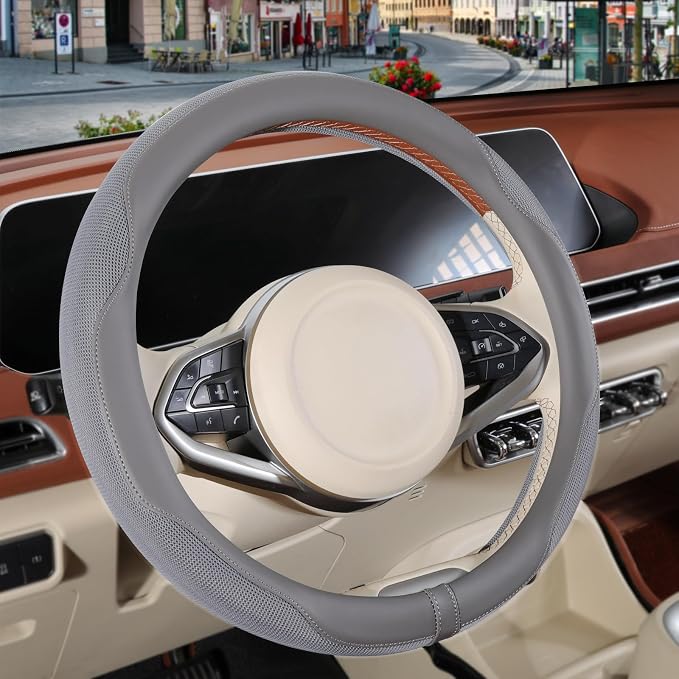 Nappa Leather Grey Steering Wheel Cover Large 16 inch | Non-Slip Breathable Microfiber Leather and Ice Silk Fabric, Warm in Winter and Cool in Summer, 15.5 inch to 16 inch