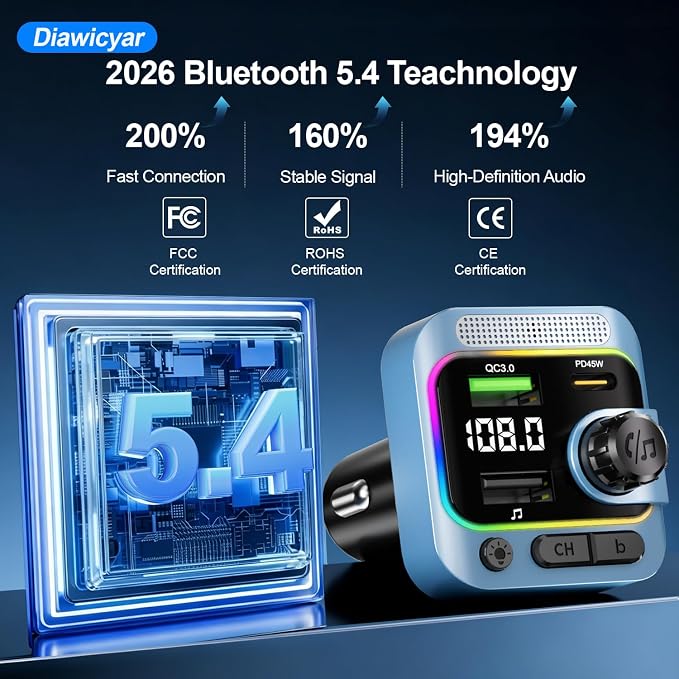 63W FM Transmitter Bluetooth Car Adapter, Wireless FM Bluetooth Transmitter | [PD 45W & QC3.0] Fast Charge, Deep Bass Player, Hands-Free Calling, Blue