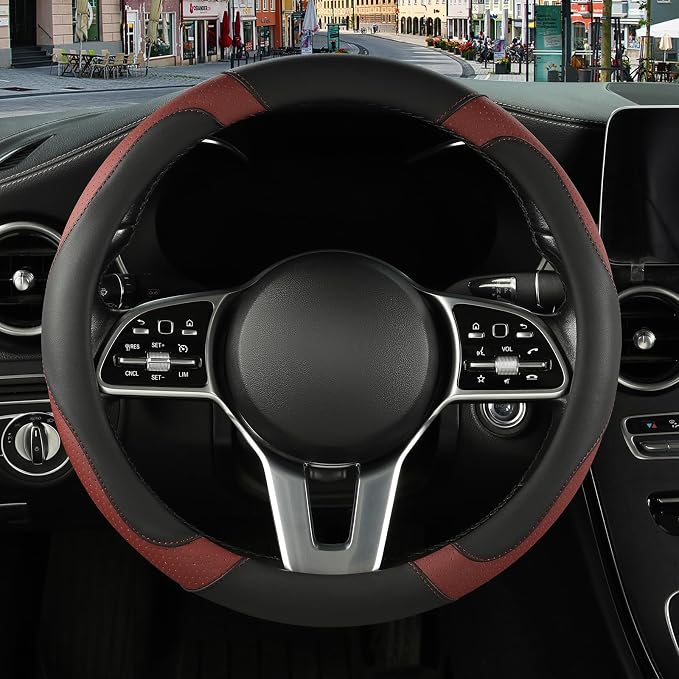 Black Burgundy Breathable Microfiber Leather Steering Wheel Cover | Breathable Anti Slip Grip Cool Sporty Look Glow for Women Men