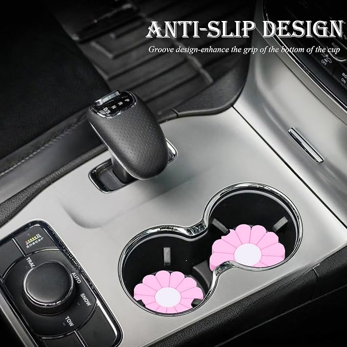 4-Pack Car Cup Holder Coaster Inserts, Daisy Shape, 2.75 Inch Non-Slip Silicone Cup Holder Insert, Universal Non-Slip Cup Holders, Car Accessories Interior for Women and Man (Pink)