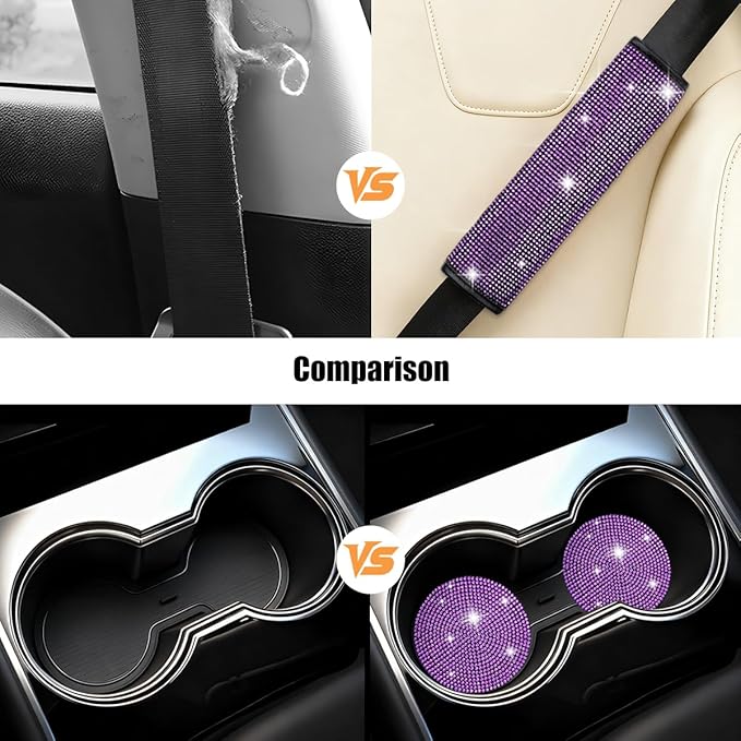 11PCS/Set Bling Car Accessories Set for Women, Rhinestone Vehicle Steering Wheel Cover Seat Belt Cushion Gear Shift Protector Cup Holder Coaster, Universal Automotive Accessories (Purple)