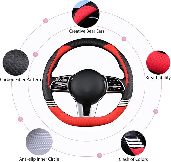15 inch Cute Leather D Shape Steering Wheel Cover Black Red | Breathable Faux Leather and Carbon Fiber Flat Bottom Car Accessories for Women Men Universal 14.5 inch to 15 inch