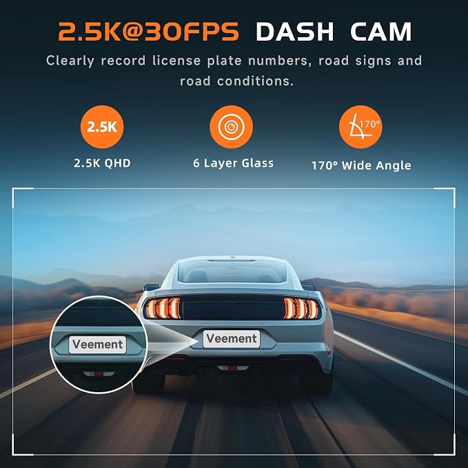 VEEMENT 2.5K Dash Cam Front, Mini Car Camera with App, 2.4G WiFi Smart Dash Cam for Cars, WDR Night Vision, 24H Parking Mode, G-Sensor, Heat Resistant, Supports 256GB Max