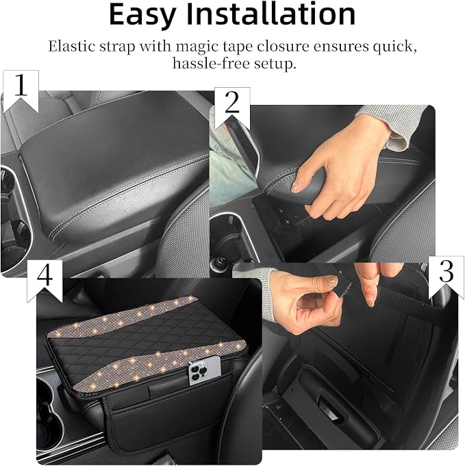 NBTEPEM Bling Car Center Console Cover, Leather Middle Console Cover with 2 Storage Bags, Universal Arm Rest Cover, Bling Car Accessories Interior Fit for Most Vehicles, Champagne Diamond