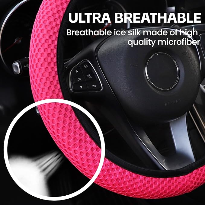Elastic Stretch Car Steering Wheel Cover, Comfortable Steering Wheel Cover Universal for 14.5-15 Inch, Warm in Winter & Cool in Summer, Anti-Slip Breathable Ice Silk (Rose Red)