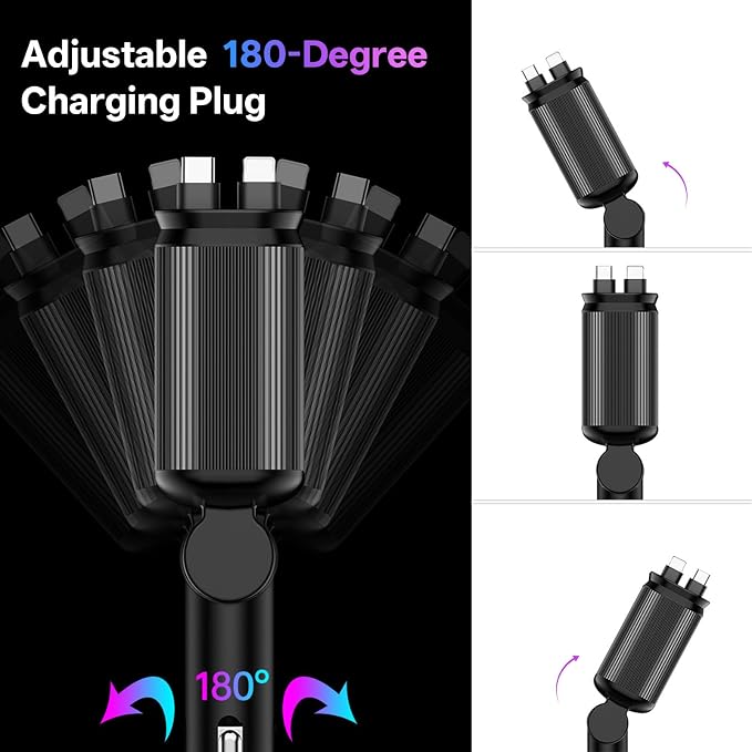 BERTHALESS Retractable Car Charger, 4 in 1 Fast Charging Car Charger USB-C & USB-A Compatible with iPhone 16/15/14/13/12/11,Galaxy,Pixel