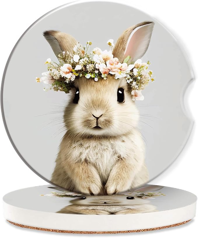 Easter Bunny Car Cup Holder Coaster,Cute Animal Rabbit Car Coasters for Cup Holder,2 PCS Absorbent Insert Ceramic Car Assecories with Cork Back & Finger Notch for Women Men