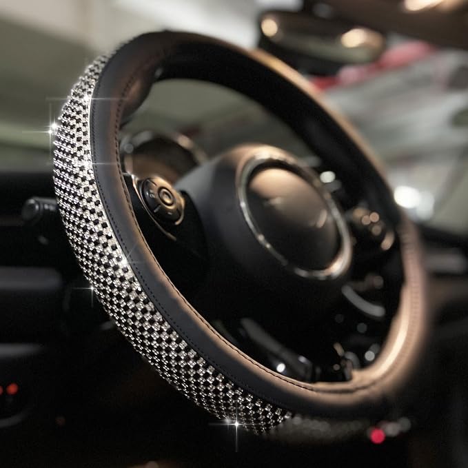 PINCTROT Large Size Bling Comfy Steering Wheel Cover with Jumbo Crystal Rhinestones, Anti-Slip Diamond Leather, 15.5-15.75 Inch (Black)