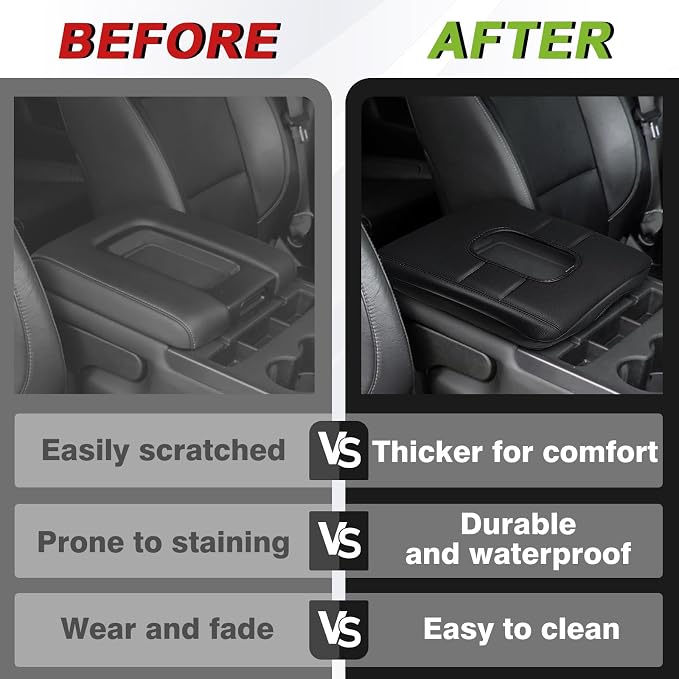 Muslogy Center Console Armrest Cover Fit for Chevy Silverado & GMC Sierra 1500 2500 3500HD 2014-2018 Accessories, Comfort Armrest Pad Console Lid Cushion Vegan Leather Regular Thick(Split Bench Seat)