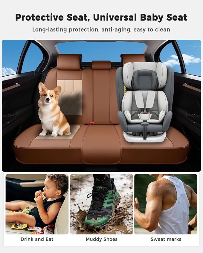 Huidasource Car Seat Covers, Universal Fit for Cars SUV Truck, Brown&Beige | Full Coverage Leather Seat Cover, Airbag, Cupholder Compatible, Seat Function Retain, Easy Install with Velcro