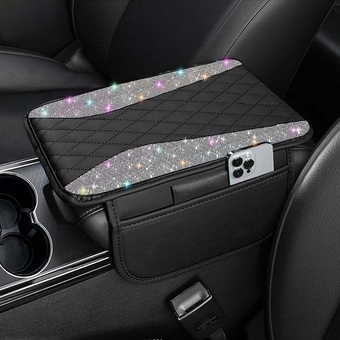 NBTEPEM Bling Car Center Console Cover, Leather Middle Console Cover with 2 Storage Bags, Universal Arm Rest Cover Protector, Bling Car Accessories Interior Fit for Most Vehicles, Multicolor Diamond