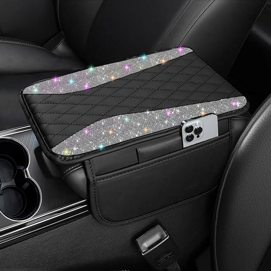 NBTEPEM Bling Car Center Console Cover, Leather Middle Console Cover with 2 Storage Bags, Universal Arm Rest Cover Protector, Bling Car Accessories Interior Fit for Most Vehicles, Multicolor Diamond