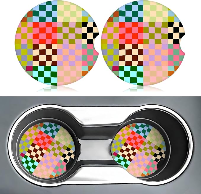Colorful Checkered Car Coasters for Cup Holders,2 Pack Car Cup Holder Coasters for Car,Ceramic Absorbent Car Coaster with A Finger Notch and Cork Base,Car Interior Accessories for Women Men