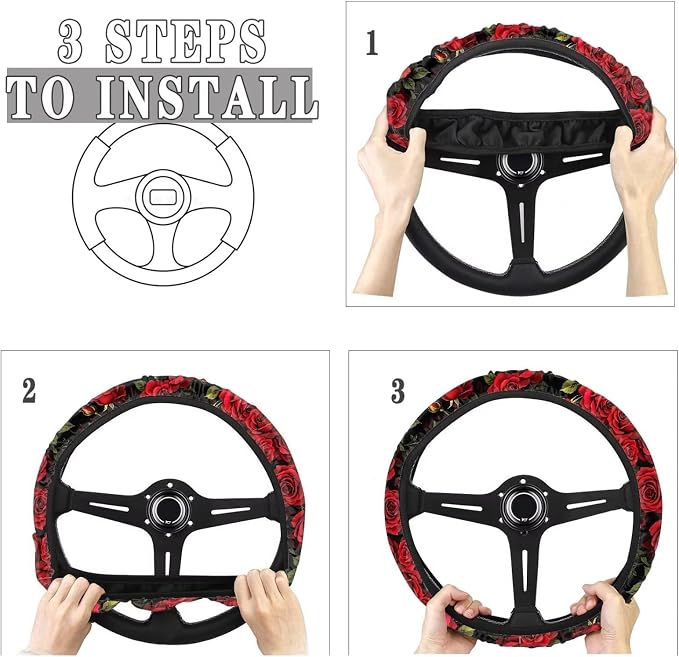 AFPANQZ 14-15 in Car Steering Wheel Cover Stretch-on Comfortable Grip | Universal Fit Most Car Sedans SUVs, Red Rose Print, Breathable Steering Wheel Protector