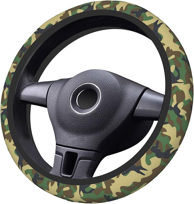 Green Camo Steering Wheel Cover for Women Men, Universal 15 Inch Anti Slip Steering Wheel Protector Car Accessories Interior for Auto Truck SUV
