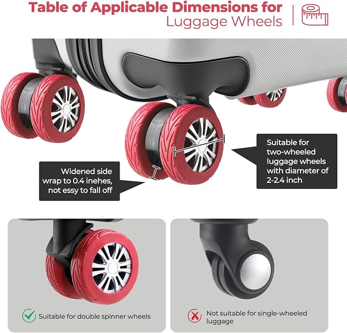 8Pcs Upgrade Luggage Wheel Covers, Travel Accessories (Red) | Wear-resistant & anti-noise silicone covers. Fits 2-2.4" wheels. Protects suitcase wheels. Travel essential for suitcases