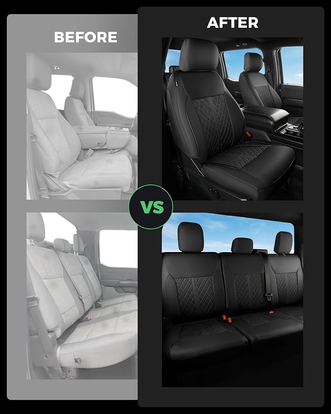for Ford F150 Leather Seat Covers, SuperCrew XL XLT 2021-2026, F250 F350 F450 Super Duty Crew Cab 2023-2026, Custom Truck Seat Cover Full Set, Pickup Accessories, Black (Bucket Seat)