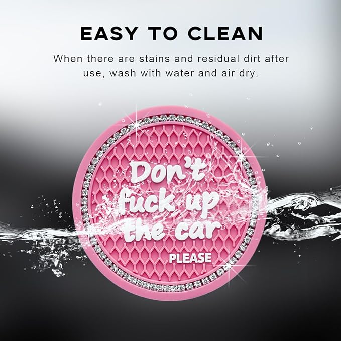 Ohleats 2 PCS Bling Car Cup Coaster, 2.75 Inch Non-Slip Don't Fuck Up My Car Please Cup Holder Insert Coaster, Crystal Rhinestone Auto Drink Cup Mat, Universal Car Accessories (Pink)
