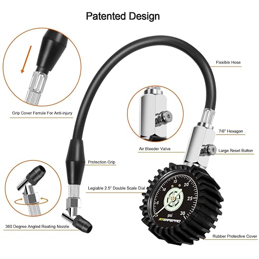 ATsafepro Low Pressure Tire Gauge to 30PSI, 2.5” Mechanical Tire Gauge with Flexible Hose and Angled Chuck, Analog Air Pressure Gauge Glow in The Dark for ATV, Off Road, Lawn Mower Etc