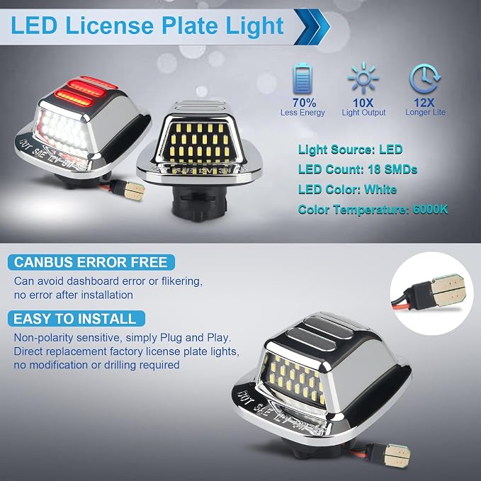 LED License Plate Light Lamp with Red OLED Neon Tube Compatible with Chevy K1500 C1500 1988-1999, Silverado Sierra 1988-1998, Tahoe Yukon Suburban S10 Chrome housing 6000K White, Pack of 2