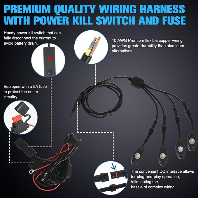 8pods White Rock Lights Dc 12v 6000k Aluminum Alloy Pure White Led Rock Lights with Switch Wiring Harness Kit Ip68 Waterproof for Trucks Pickup Off-Road Cars SUV Utv ATV Rv RZR Underglow Lights