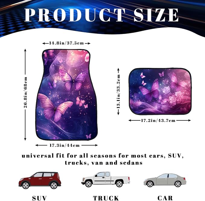 Butterfly Car Floor Mats Kawaii Purple Fantasy Glow Carpet Front Rear Carpets Mat Decorative Car Floor Carpets Non-Slip Auto Car Accessories Universal Fit Car Accessories for Truck