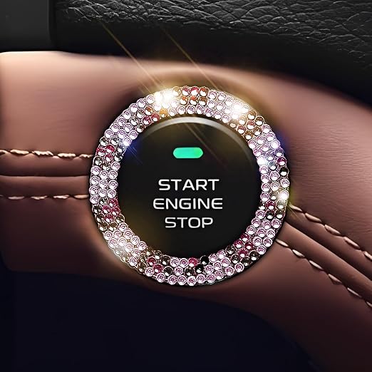 Crystal Bling Push Start Button Cover Accessories for Women - Emblem Sticker Car Key Ignition Starter & Knob Ring