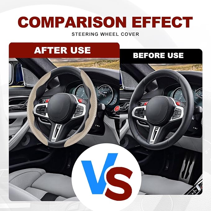 Universal Fit Carbon Fiber Steering Wheel Cover, Segmented Steering Wheel Protector, Carbon Fiber Anti-Skid Steering Wheel Cover Car Interior Accessories (2 Pcs Khaki)