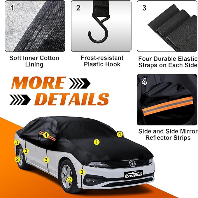 Half Car Cover Top, Hail Protector Car Cover with Cotton Liner, Sunroof & Windshield Cover for Ice and Snow, All Weather Vehicle Body Cover for Sun, Rain, Dust, Fit SUV M