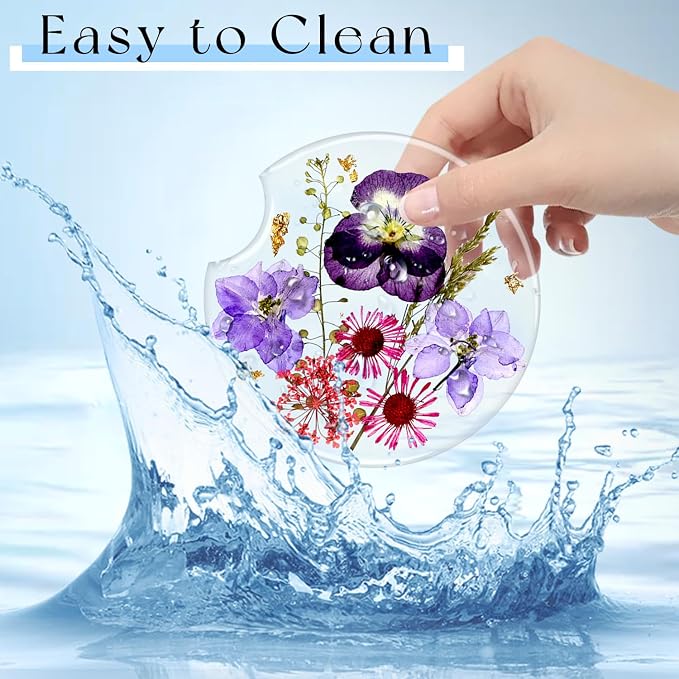 Swooflia Flower Car Cup Holder Coasters for Women - 2.75 Inch Cute Resin Clear Automotive Drink Cupholder Insert Car Accessories 2 Pack White Purple